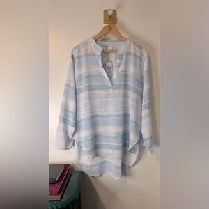 NWT Cloth & Portrait Blue Watercolor Sheer Blouse Convertible Sleeve Sz XL